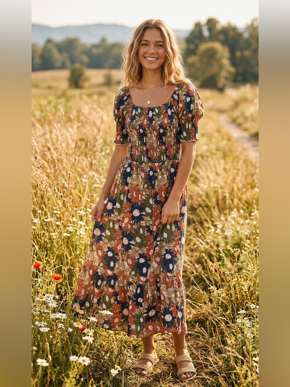 Natural Life Daisy Tiered Midi/Maxi Dress Smocked Scoop Neck NWT Size L/XL